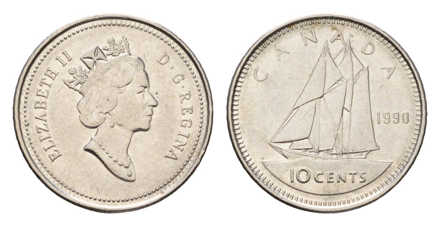 Канада 10 центов 1990 Елизавета II (1952-2022), парусник KM 183 никель 4689-563