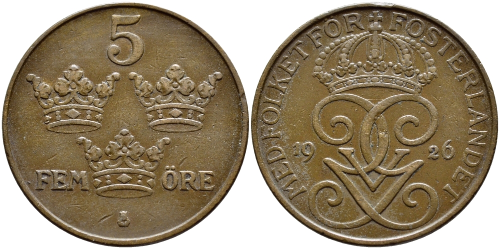 Швеция 5 эре 1926 Густав V (1907-1950) KM 779.2 бронза 4394-914