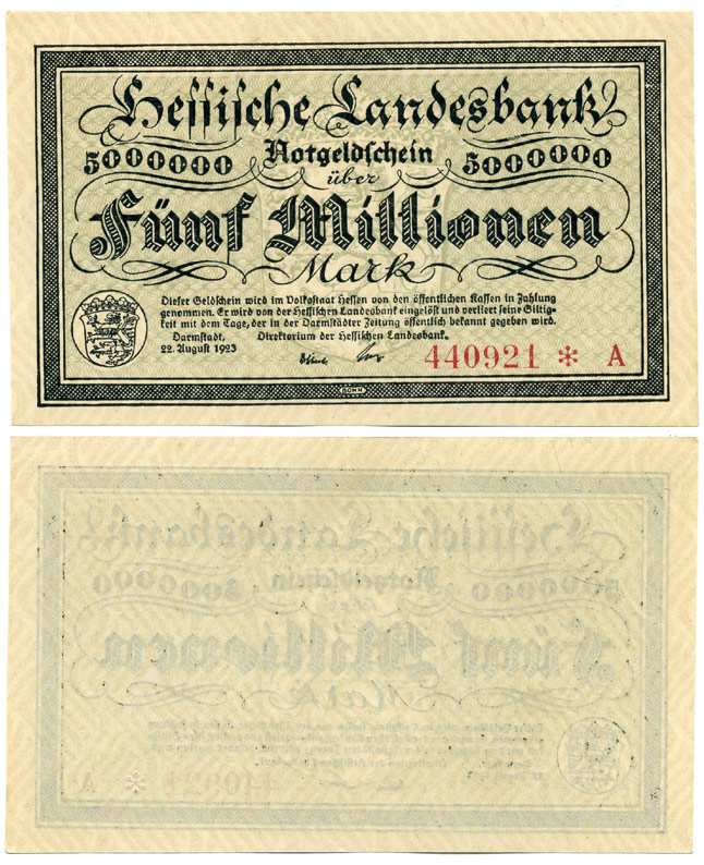 ДАРМШТАДТ, ГЕРМАНИЯ 5000000 МАРОК (5 МИЛЛИОНОВ МАРОК) 1923 22 АВГУСТА 1923, НОТГЕЛЬД, ЗЕМЛЯ ГЕССЕН, НОМЕР, СНЕЖИНКА, СЕРИЯ А, HESSESCHE LANDESBANK Keller 956b бумага UNC (ПРЕСС) 8613-24-1-1