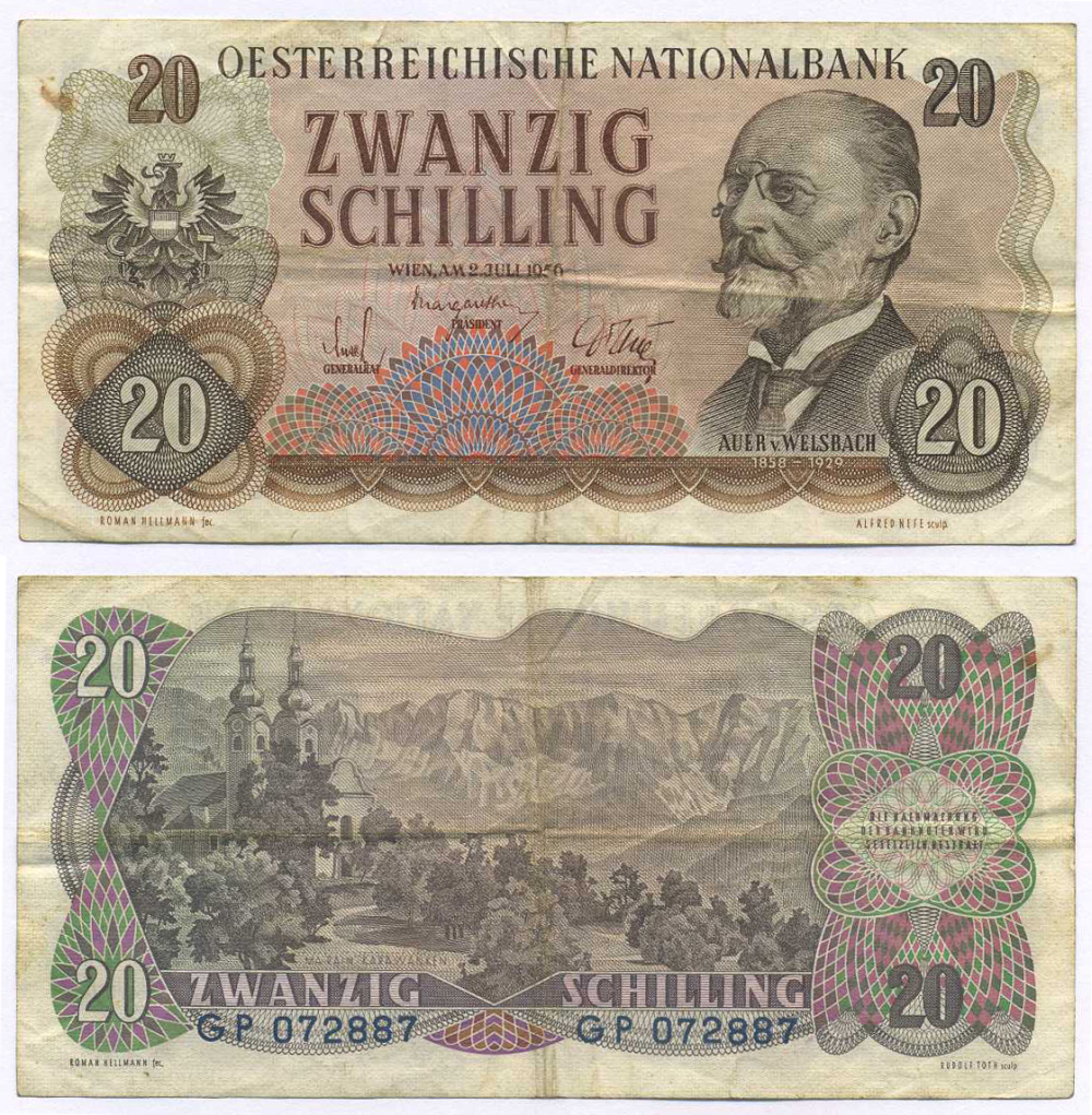 АВСТРИЯ 20 ШИЛЛИНГОВ 1956 2 ИЮЛЯ 1956, КАРЛ ВЕЛСБАХ, ДЕРЕВНЯ МАРИЯ РЕЙН Pick 136а бумага 8595-12-4-1