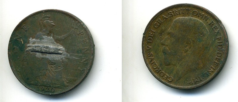 Великобритания 1 пенни 1920 Георг V (1910-1936) KM 810, Spink 4051 бронза 84-113