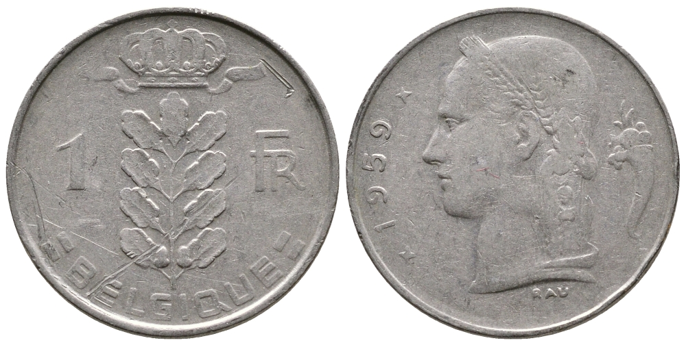 Бельгия 1 франк 1959 Belgique KM 142.1 медно-никель 259-757