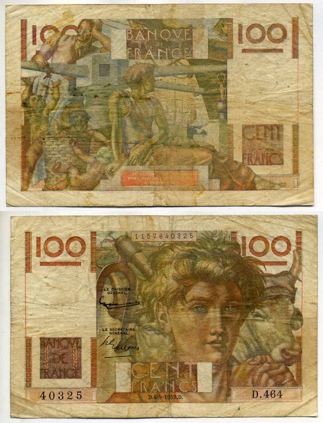 ФРАНЦИЯ 100 ФРАНКОВ 1952 4 СЕНТЯБРЯ 1952 Pick 128d бумага 6283-2-2-1