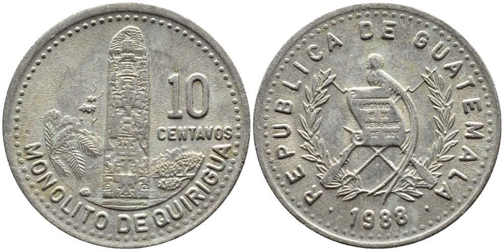 Гватемала 10 сентаво 1988 монолиты Киригуа KM 277.5 медно-никель 00-00
