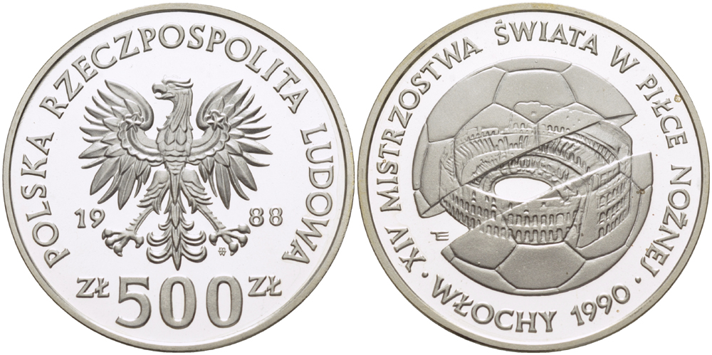 Польша 500 злотых 1988 MW, чемпионат мира по футболу в Италии 1990 года, стадион внутри мяча KM 184, Parchimowicz 334 серебро PROOF 1085-2-12