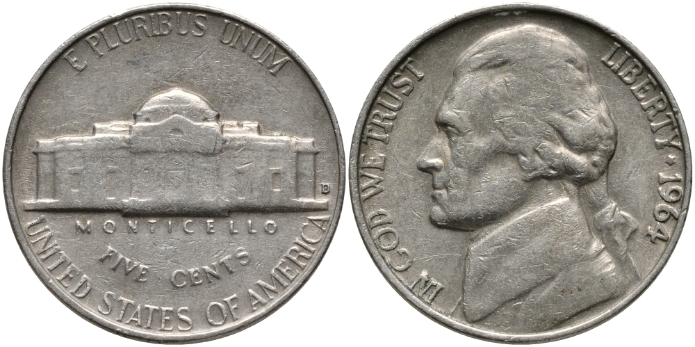 США 5 центов 1964 D, Джефферсон KM А192 медно-никель 4390-651
