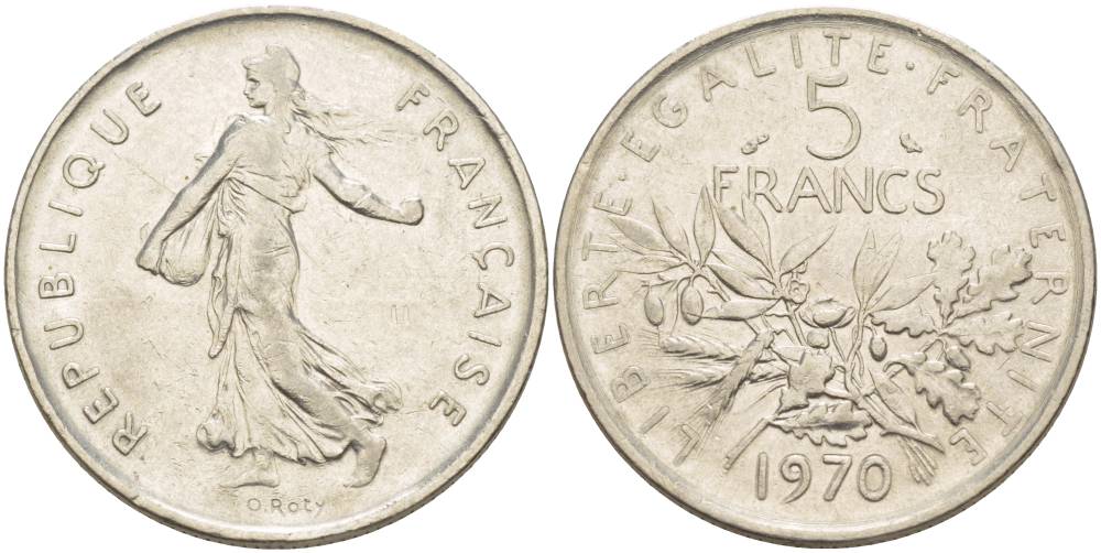 Франция 5 франков 1970 сеятель, тип Semeuse KM 926a.1, Le Franc 341.2 медно-никель плакированный никелем 4545-924