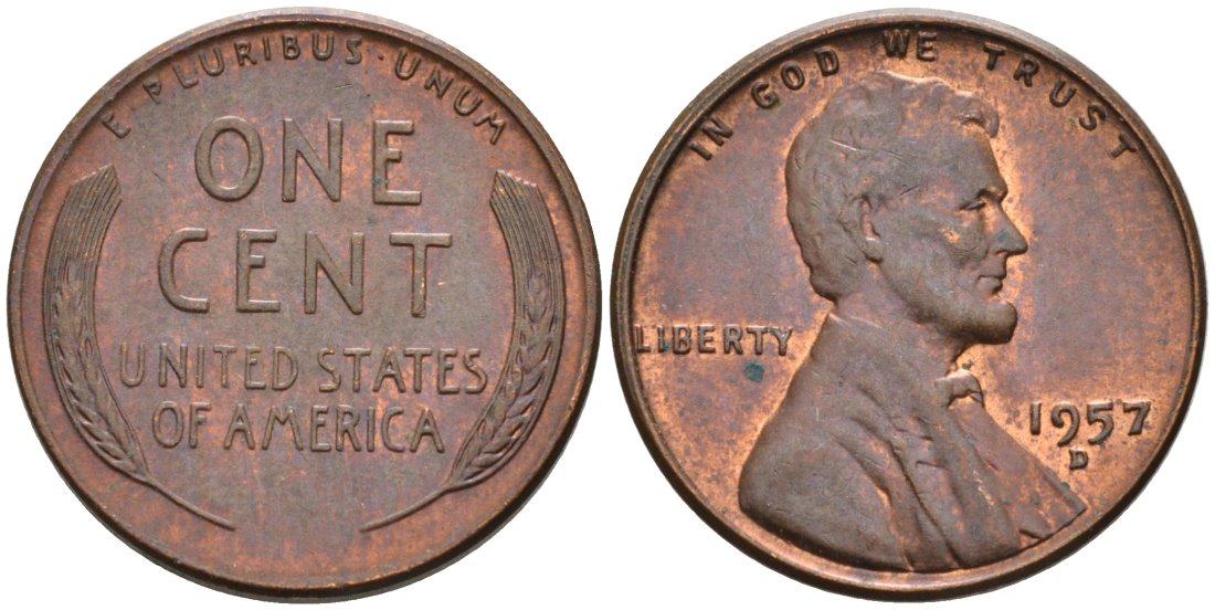 США 1 цент 1957 D, Линкольн KM А132 медь цинк 4564-265