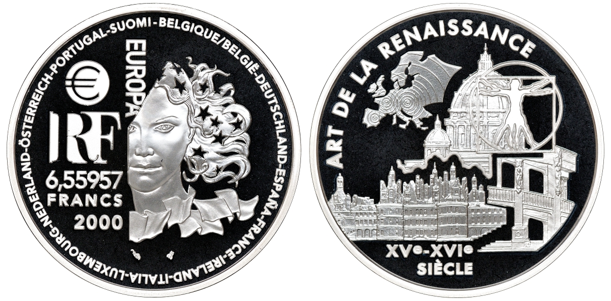 Франция 1 евро = 6,55957 франков 2000 архитектура Ренессанса (XV-XVI веков) в оригинальной коробке, с сертификатом KM 1225 серебро PROOF 4-3-3-14