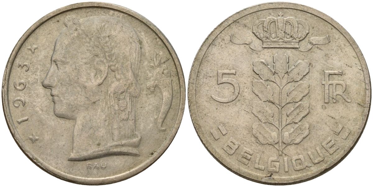 Бельгия 5 франков 1963 Belgique KM 134 медно-никель 4150-814