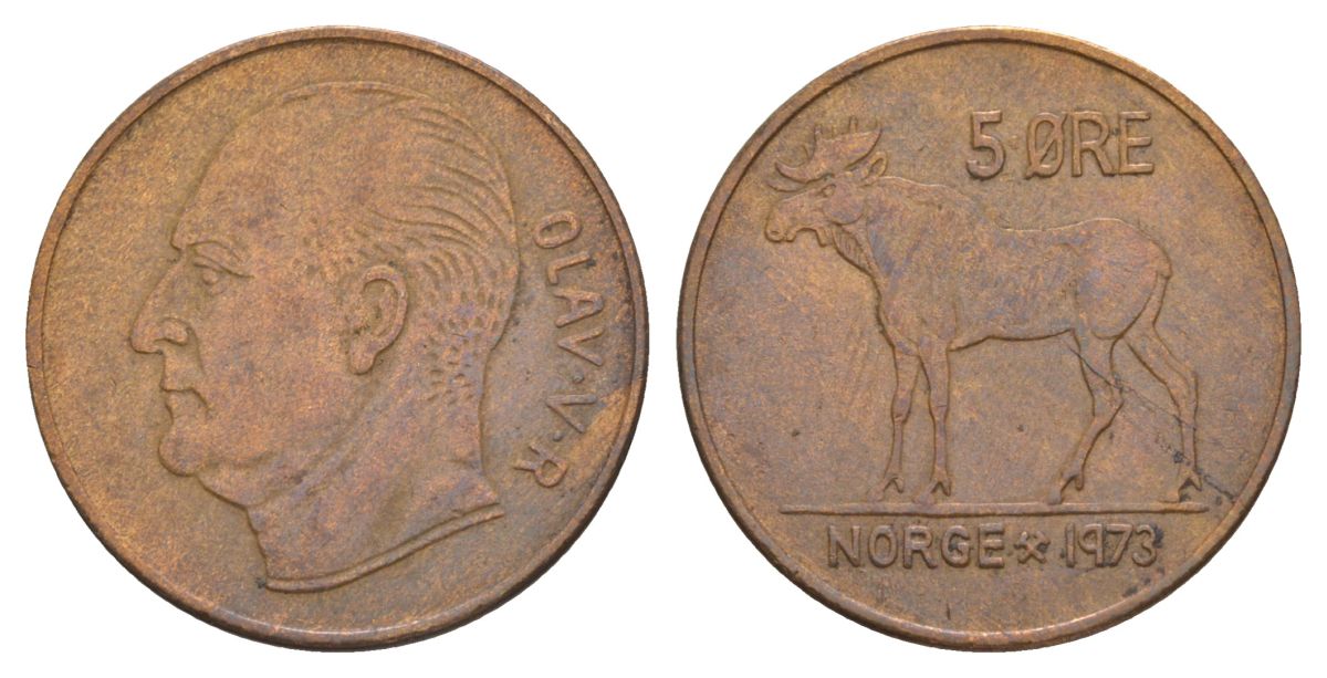 Норвегия 5 эре 1973 Улаф V (1957-1991) KM 405 бронза 4635-623