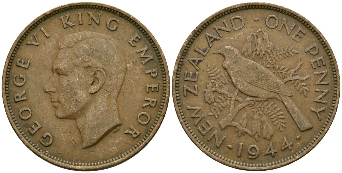 Новая Зеландия 1 пенни 1944 Георг VI (1936-1952), новозеландский туи KM 13 бронза 4165-1231
