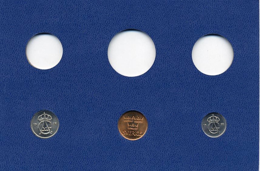 Швеция 5, 10, 25 эре 1972 Густав VI Адольф (1950-1973) в картоне набора монетного двора UNC 7-5-7-268