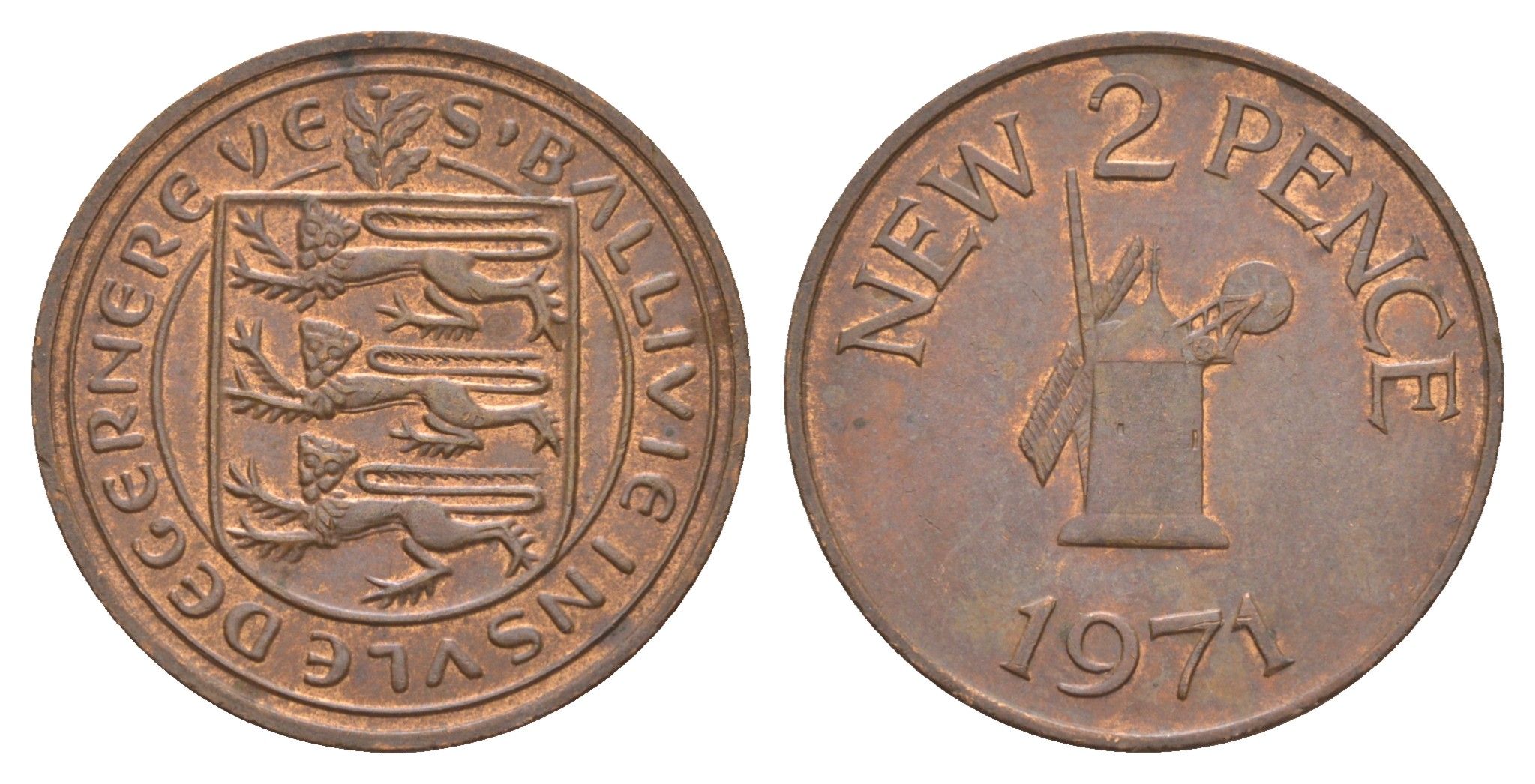 Гернси 2 новых пенса 1971 Елизавета II (1952-2022), ветряная мельница KM 22 бронза 4656-1053