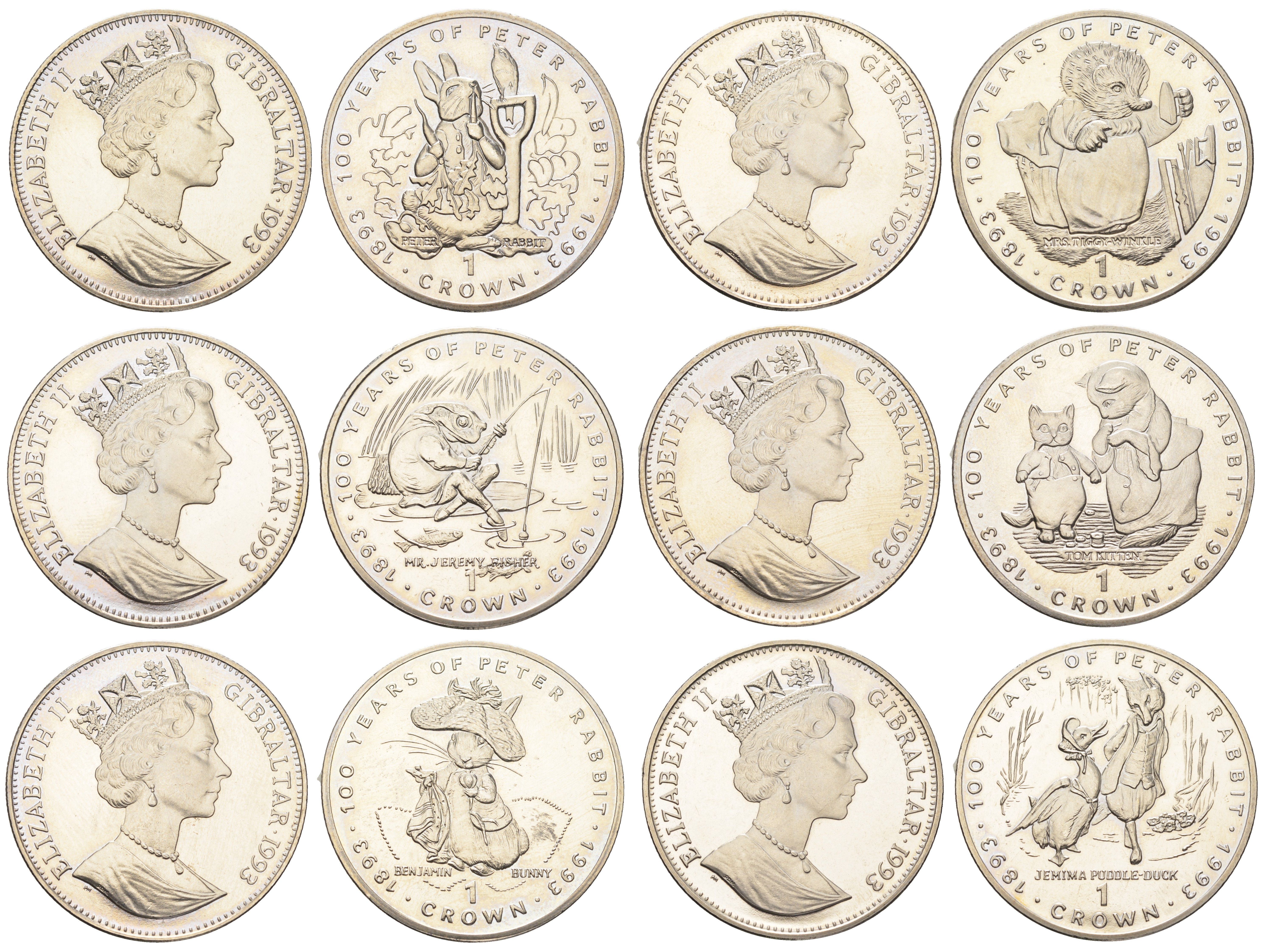Гибралтар полный набор из 6 монет (1 крона) 1993 100 лет созданию Кролика Питера KM 201, 205, 209, 213, 217 и 221 медно-никель BU 1524-1635-1645