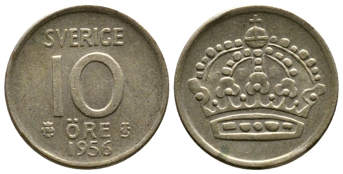 Швеция 10 эре 1956 TS, Густав VI Адольф (1950-1973) KM 823 серебро 261-636