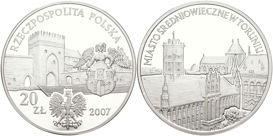 Польша 20 злотых 2007 MW, средневековое место в Торуне (TORUNIO) KM 579 серебро PROOF 1091-2-31