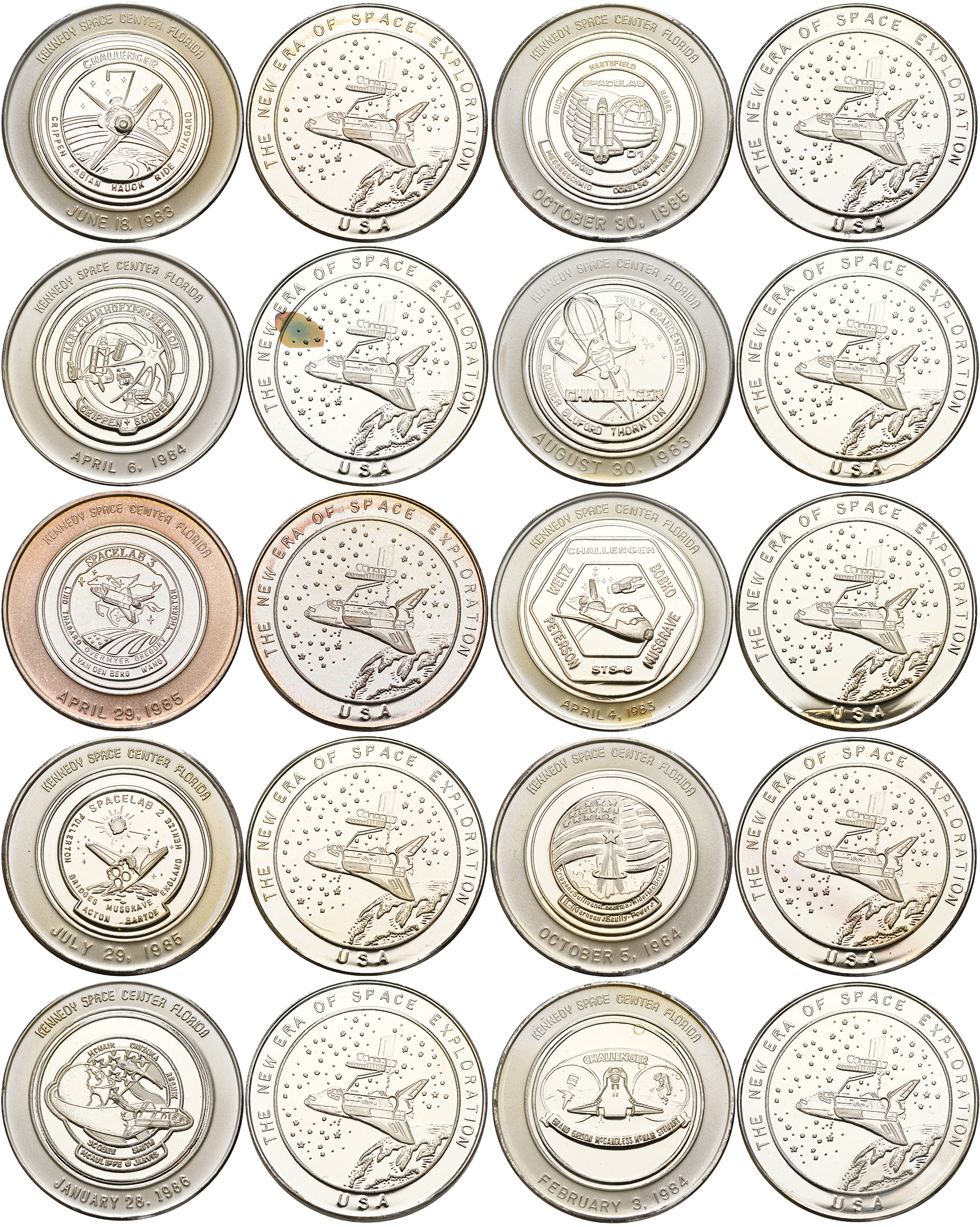 США набор из 10 медалей 1983-1986 запуски шаттлов, космический центр Кеннеди, в оригинальной коробке вес 31,1, проба 999 (10 унций) серебро UNC 14-01-04-03
