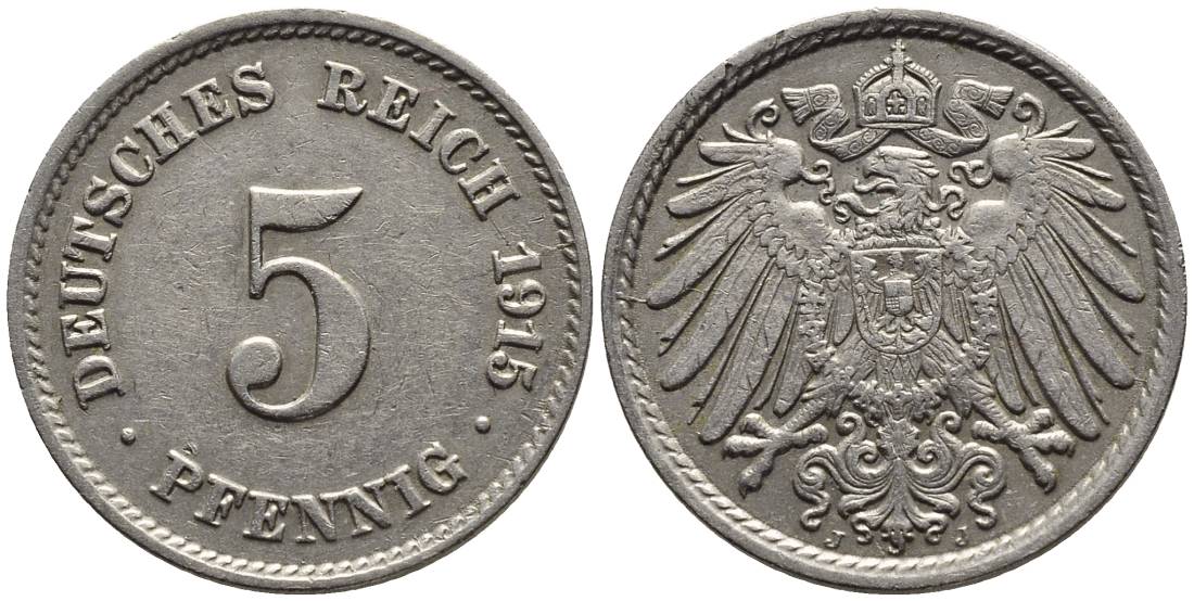 Германия 5 пфеннигов 1915 J KM 11, Jager 12, Weege 6 медно-никель 4547-549