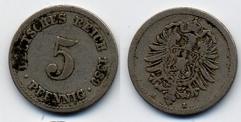 ГЕРМАНИЯ 5 ПФЕННИГОВ 1889 A, СТАРОГЕРБОВКА KM 3, J.3 медно-никель 51-5046