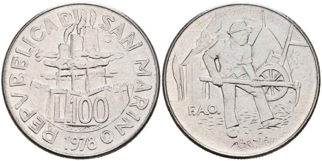 Сан-Марино 100 лир 1978 R, FAO KM 82 нержавеющая сталь UNC 00-00