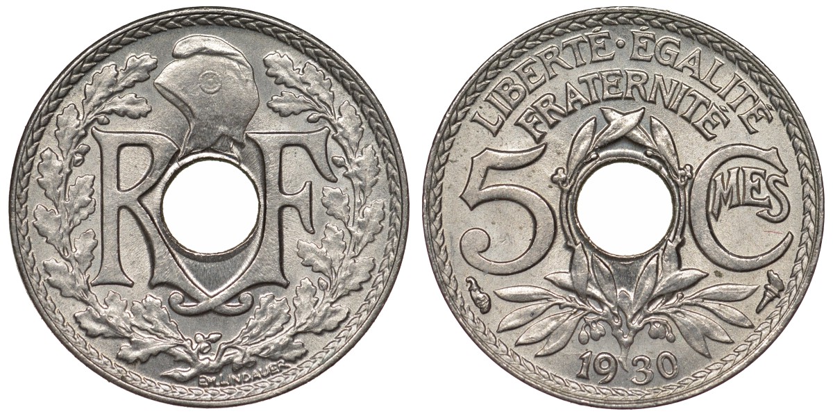 Франция 5 сантимов 1930 KM 875, Le Franc 122.13 медно-никель 4124-326