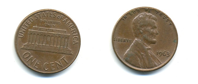 США 1 ЦЕНТ 1963 ЛИНКОЛЬН KM 201 медь цинк 76-567