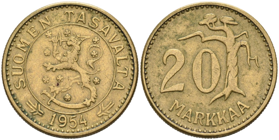 ФИНЛЯНДИЯ 20 МАРОК 1954 H KM 39 алюминиевая бронза 4563-246