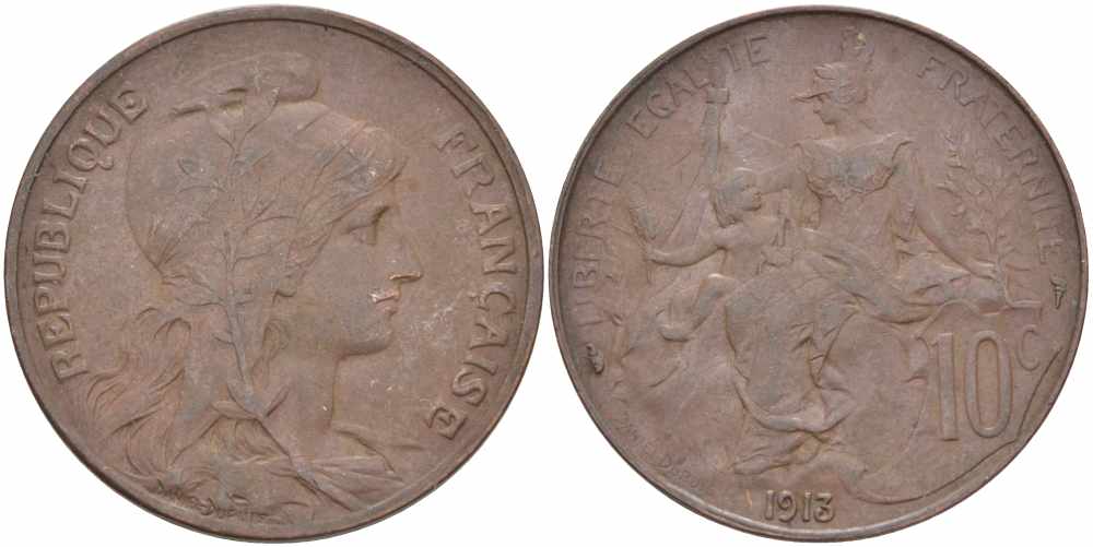 ФРАНЦИЯ 10 САНТИМОВ 1913 ТИП ДАНИЭЛЬ ДЮПЮИ KM 843, LA FRANC 136.23 бронза 109-316