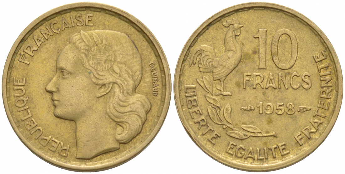 ФРАНЦИЯ 10 ФРАНКОВ 1958 KM 915.1 алюминиевая бронза 187-159