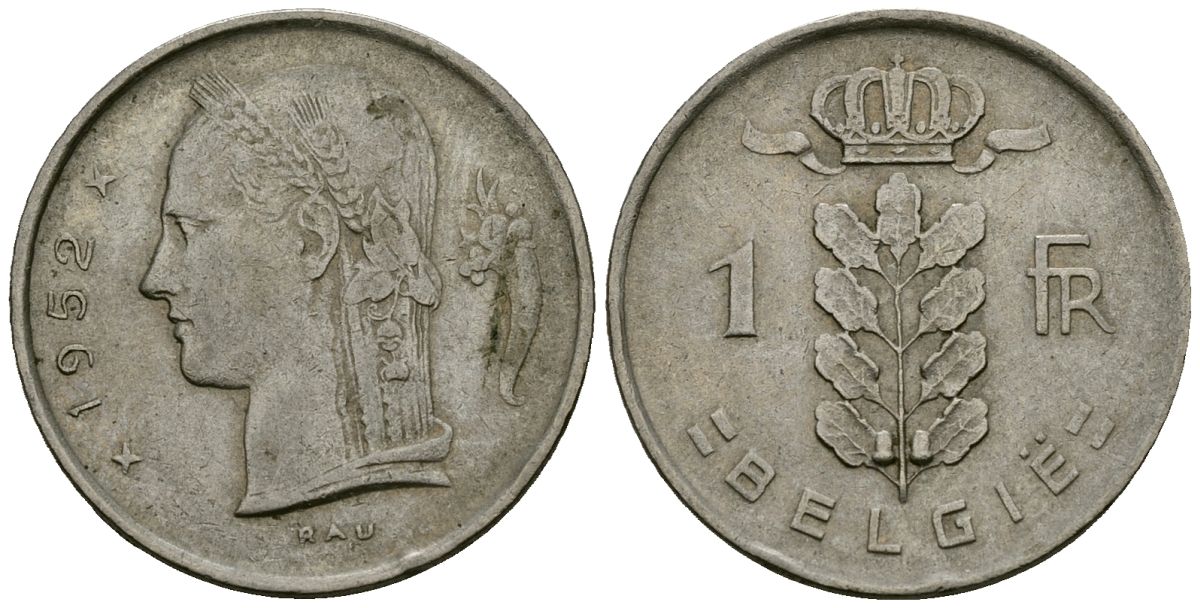 Бельгия 1 франк 1952 Belgie, Бодуэн I (1951-1993) KM 143.1 медно-никель 4172-537