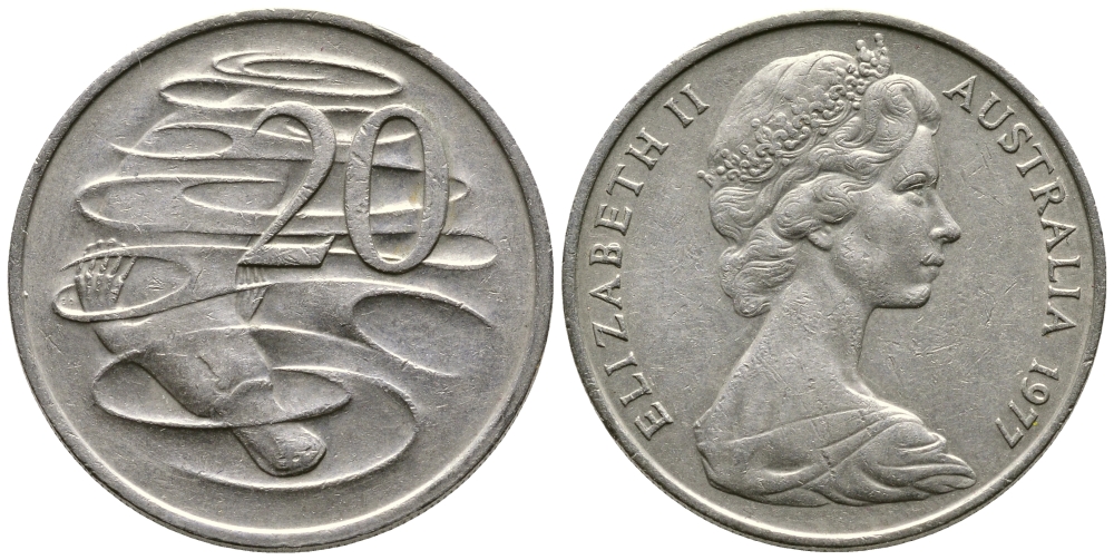 АВСТРАЛИЯ 20 ЦЕНТОВ 1977 ЕЛИЗАВЕТА II, МОЛОДОЙ ПОРТРЕТ, УТКОНОС KM 66 медно-никель 84-1012