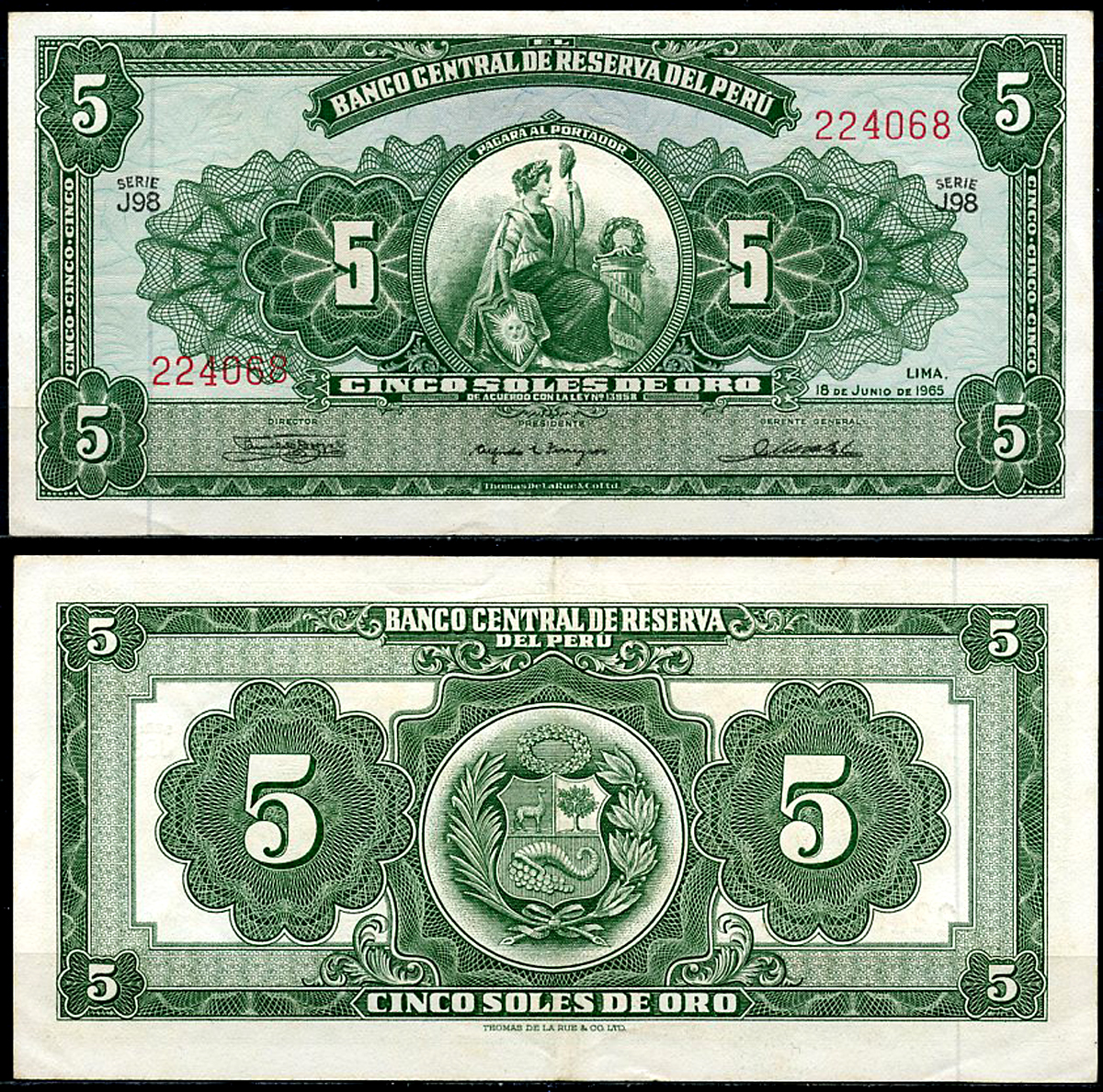 Перу 5 солей 1965 сидящая свобода, Thomas de la Rue Pick 83 a  бумага  444-140-1-2