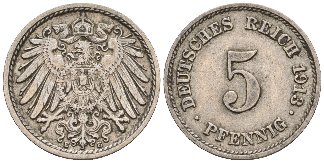 Германия 5 пфеннигов 1913 E, KM 11, J. 12 медно-никель 220-646