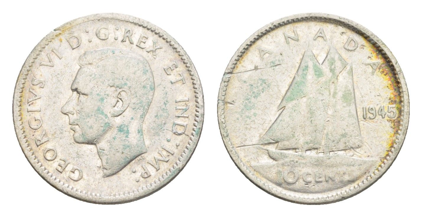 Канада 10 центов 1945 Георг VI (1937-1952), парусник KM 34 серебро 4639-548