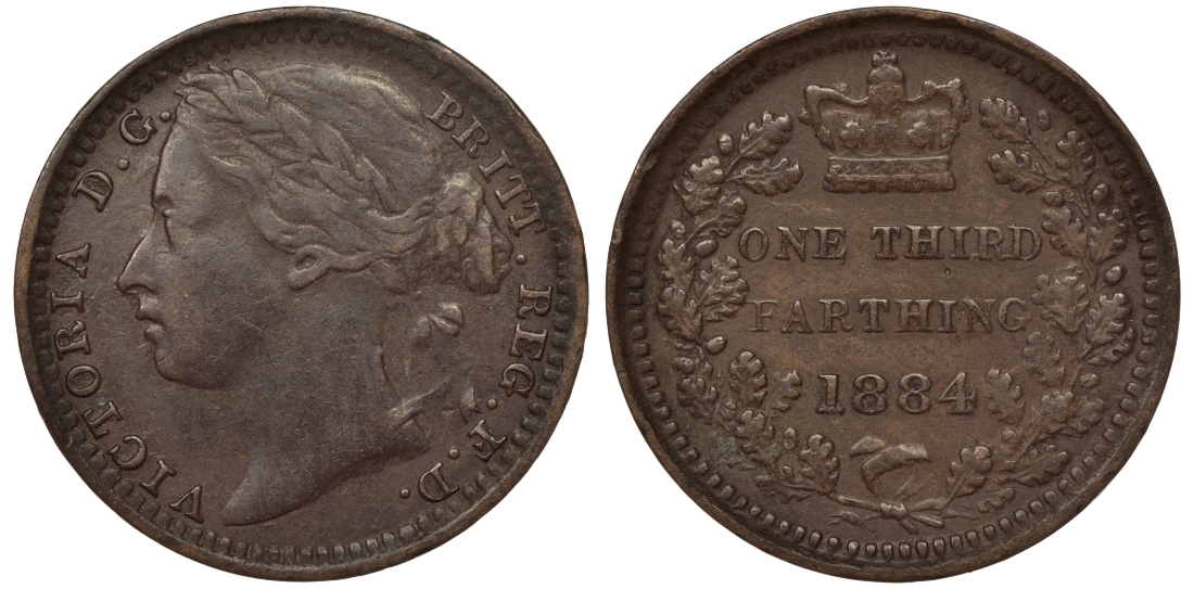 Великобритания 1/3 фартинга 1884 Виктория (1837-1901) KM 750, Spink 3960 бронза 1524-514