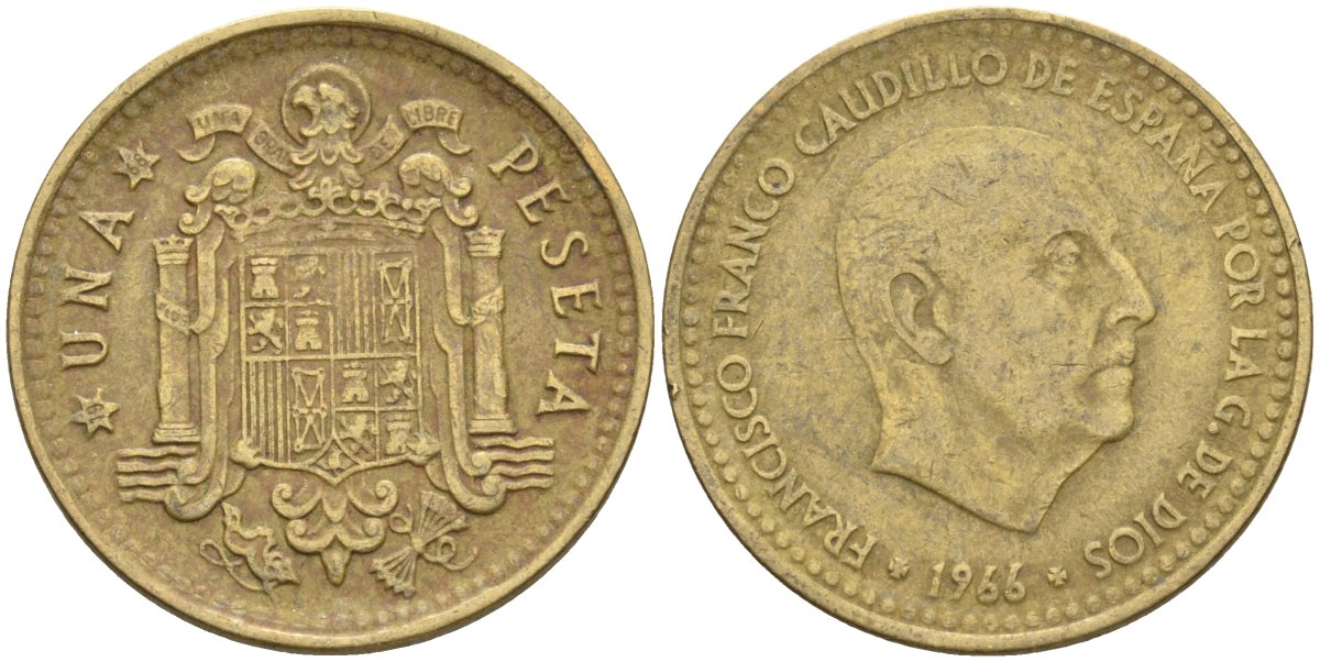 Испания 1 песета 1966 (68) Франсиско Франко (1939-1975) KM 796 алюминиевая бронза 4604-345