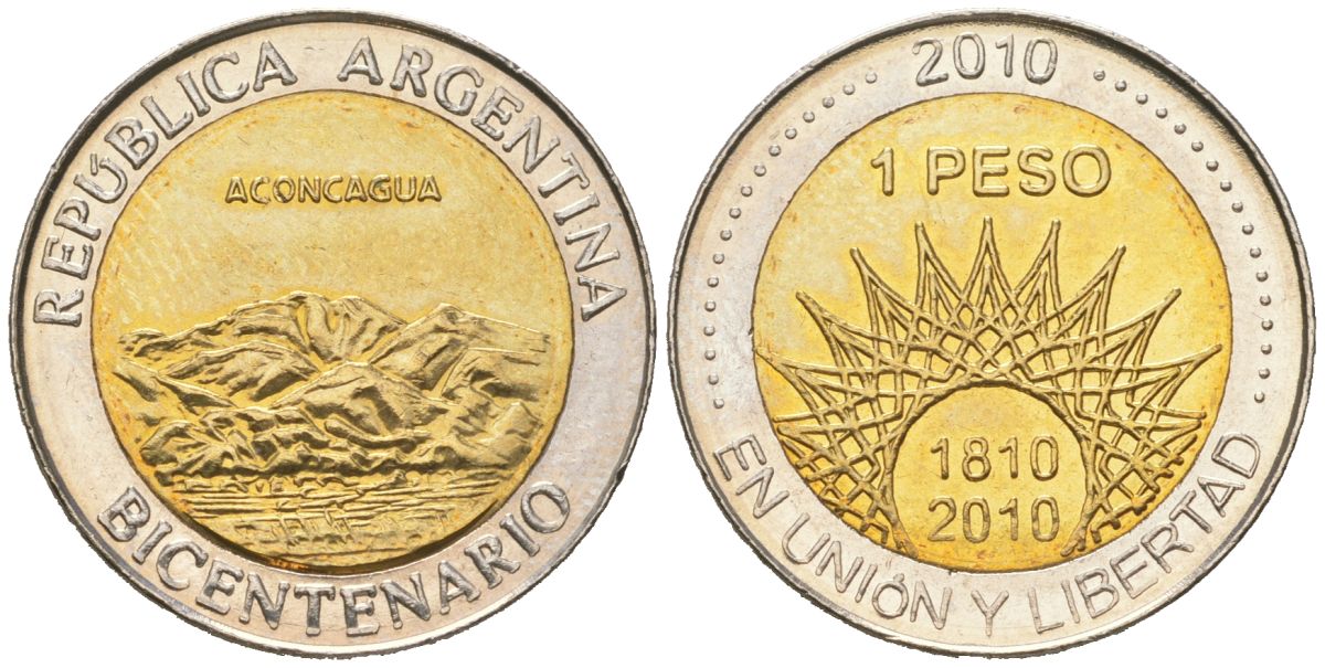 Аргентина 1 песо 2010 200 лет Аргентине - вулкан Аконкагуа KM 157 биметалл UNC 4620-634