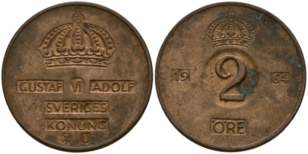 Швеция 2 эре 1964 Густав VI Адольф (1950-1973) KM 821 бронза 4154-741