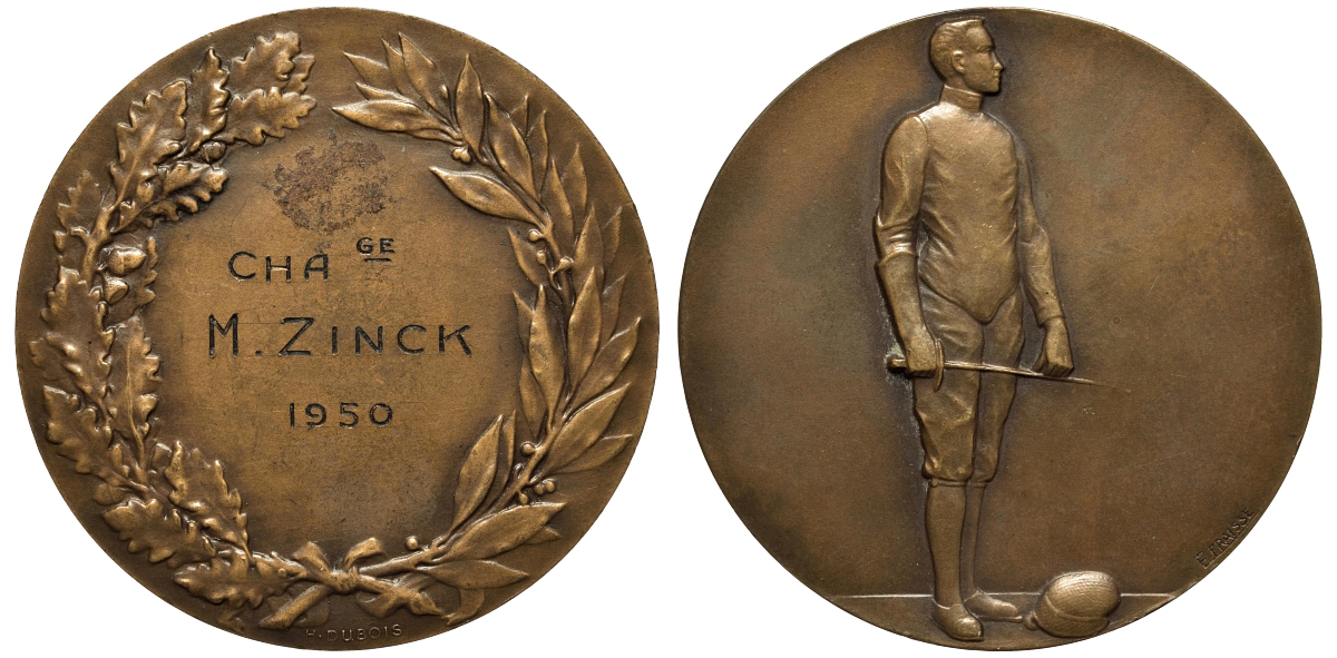 ФРАНЦИЯ СПОРТИВНАЯ МЕДАЛЬ 1950 ЗА ПОБЕДУ В ФЕХТОВАНИИ, ДИАМЕТР 50 ММ. ВЕС 61 ГР. бронза 00-00