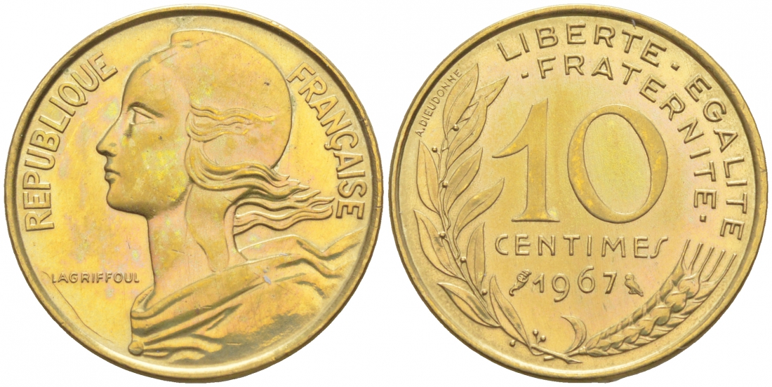 ФРАНЦИЯ 10 САНТИМОВ 1967 ТИП MARIANNE KM 929 медь алюминий никель 44-968