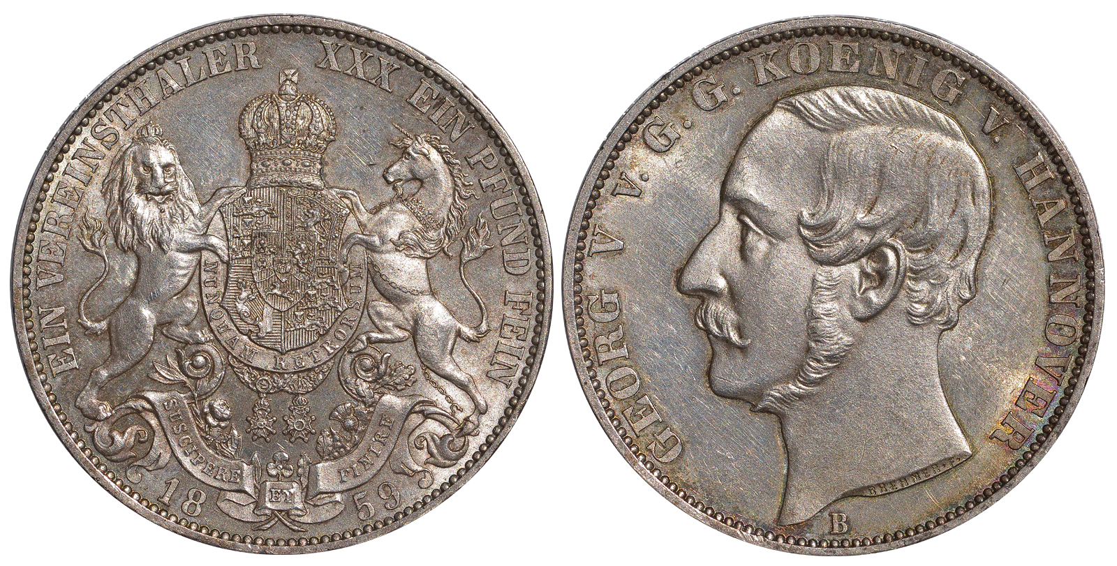 БРАУНШВЕЙГ-КАЛЕНБЕРГ-ГАННОВЕР 1 ТАЛЕР 1859 B КМ 230, Jg. 96, AKS 144, Th. 174, Kahnt 239 серебро 00-000-00