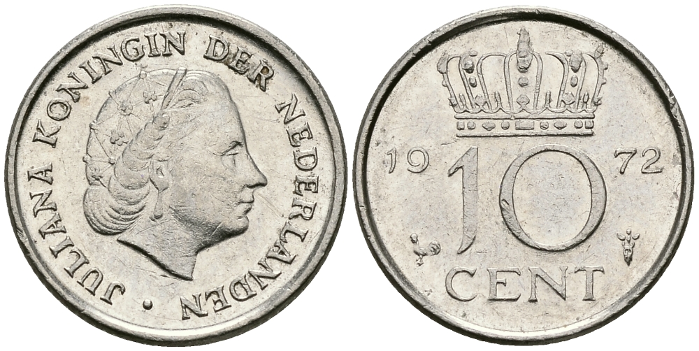 Нидерланды 10 центов 1972 Юлиана (1948-1980) KM 182 никель 96-348