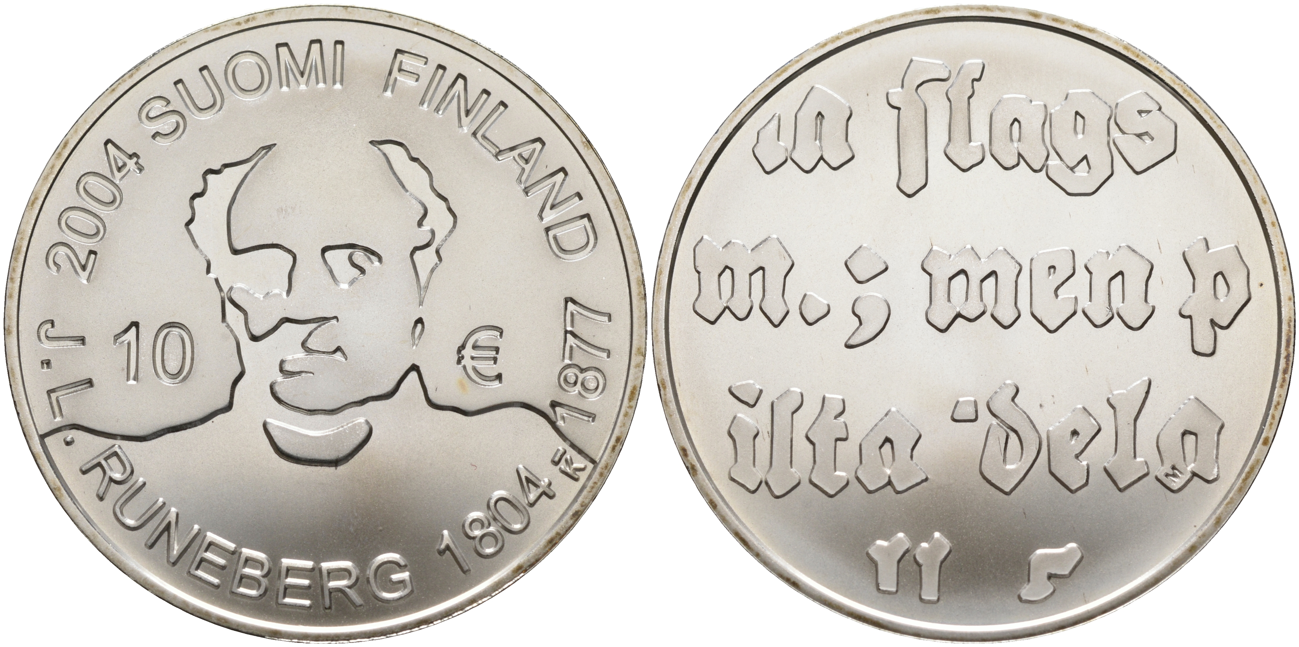 Финляндия 10 евро 2004 200 лет со дня рождения Йохана Людвига Рунеберга, поэт KM 115 серебро  UNC 11-114-15