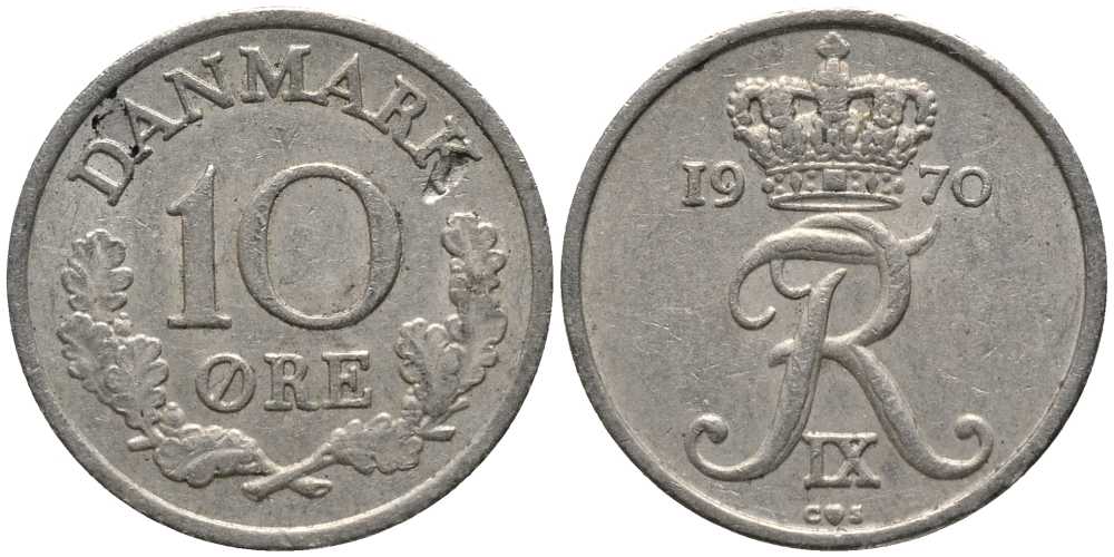ДАНИЯ 10 ЭРЕ 1970 C; S, ФРЕДЕРИК IX (1947-1972) KM 841.3 медно-никель 116-229