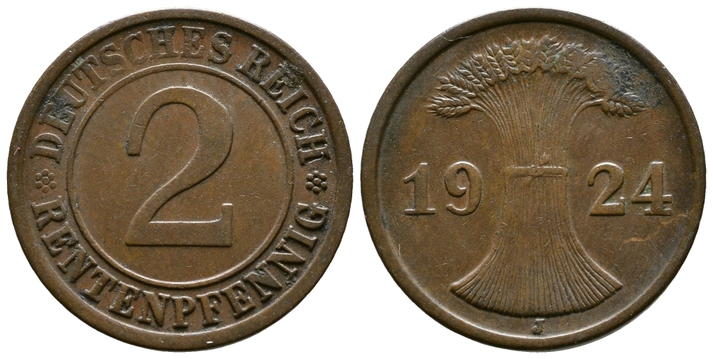 ГЕРМАНИЯ 2 РЕНТЕНПФЕННИГА 1924 J KM 31, J.307 бронза 86-1845