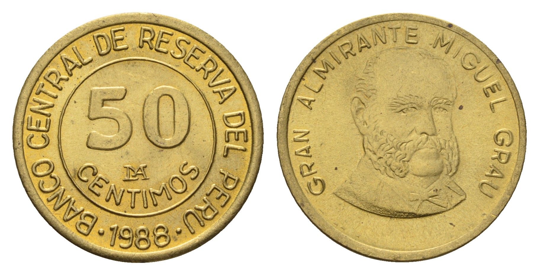 Перу 50 сентимо 1988 Мигель Грау Семинарио KM 295 латунь UNC 3334-534