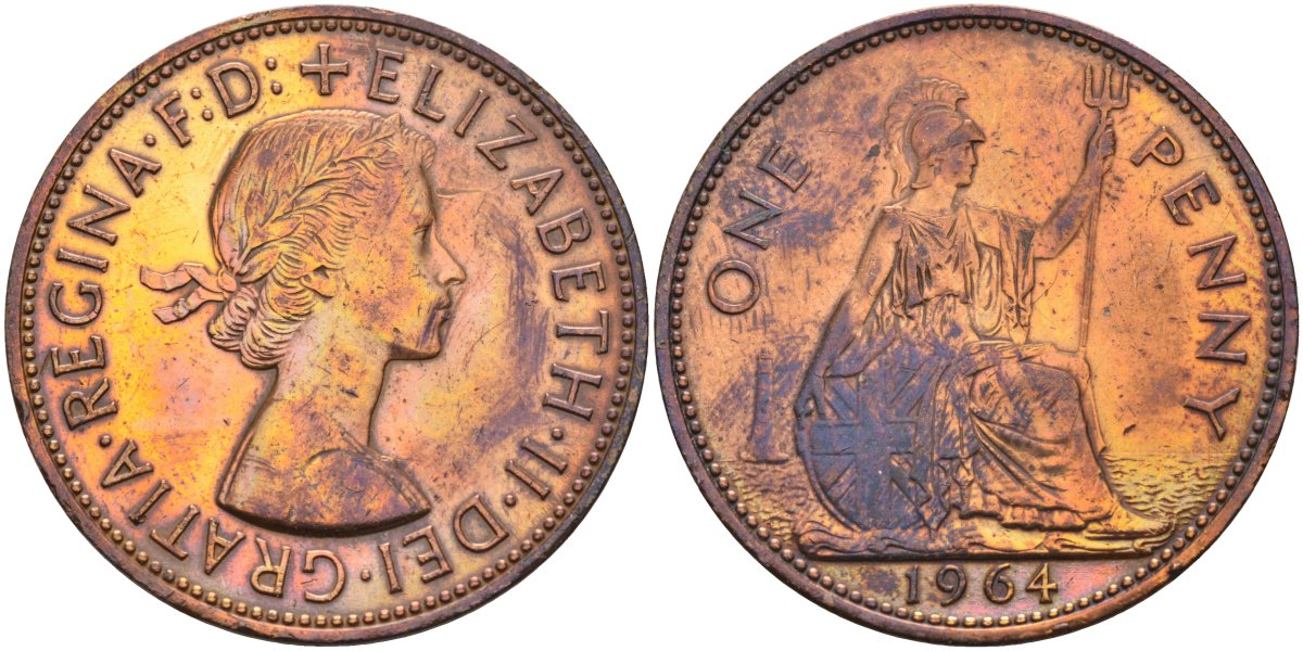 Великобритания 1 пенни 1964 Елизавета II (1952-2022) KM 897, Spink 4157 бронза 4593-442