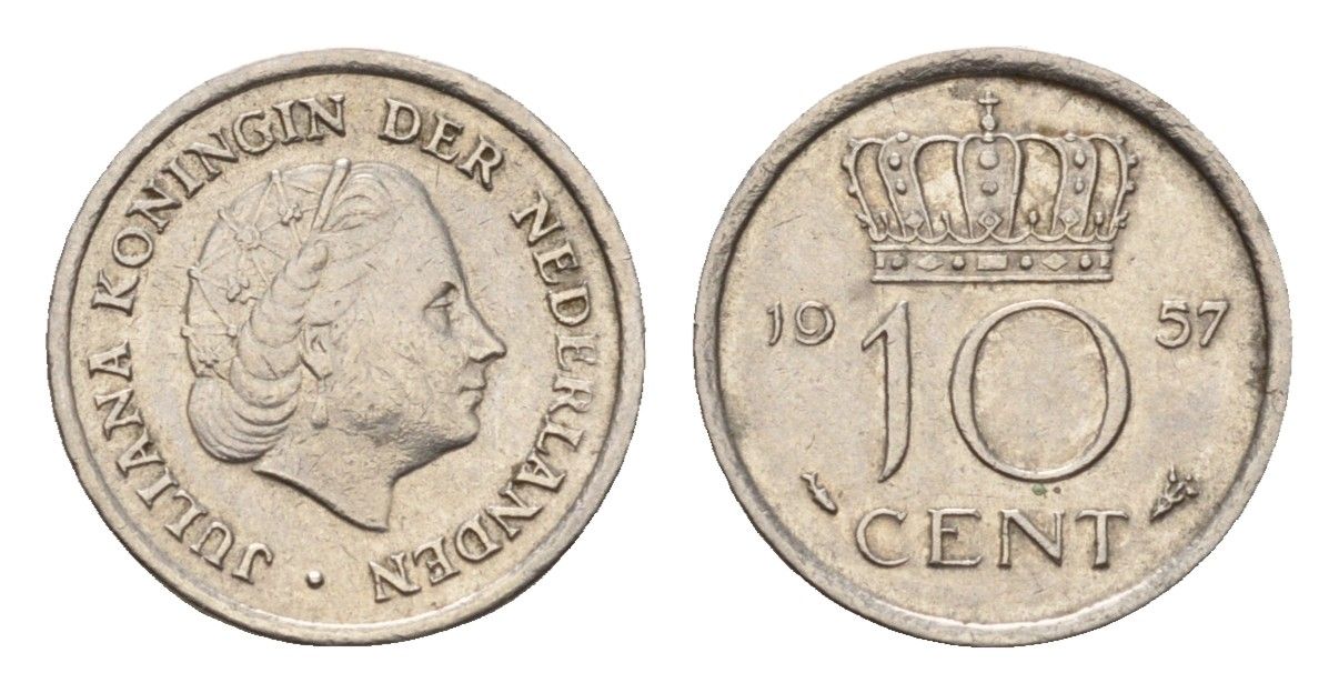 Нидерланды 10 центов 1957 Юлиана (1948-1980) KM 182 никель 206-426