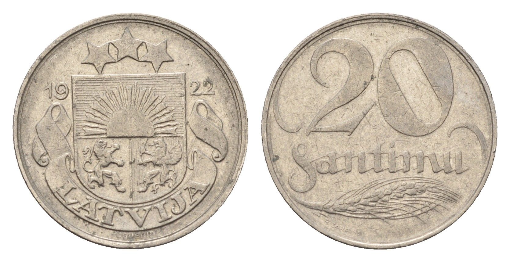 Латвия 20 сантимов 1922 год-тип KM 5 никель 4655-825